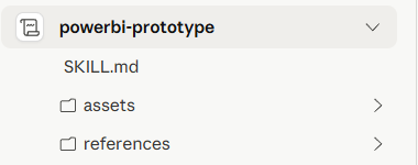 The powerbi-prototype skill expanded to show SKILL.md, assets, and references