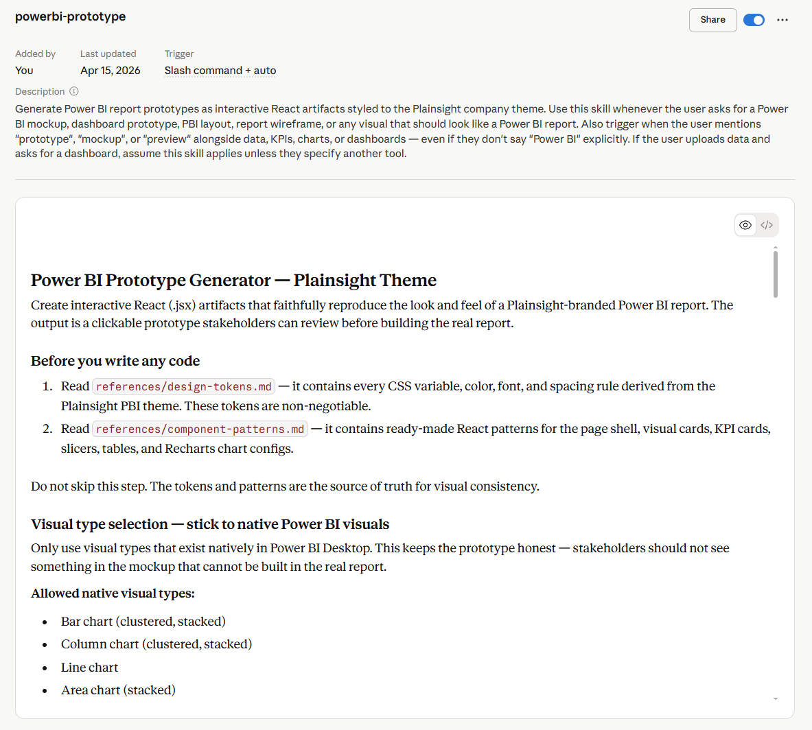 The full instruction set stored inside the powerbi-prototype skill