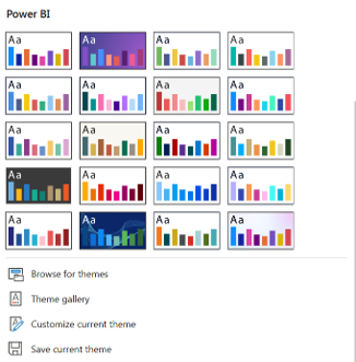 The Power BI Themes menu with Customize current theme and Save current theme options