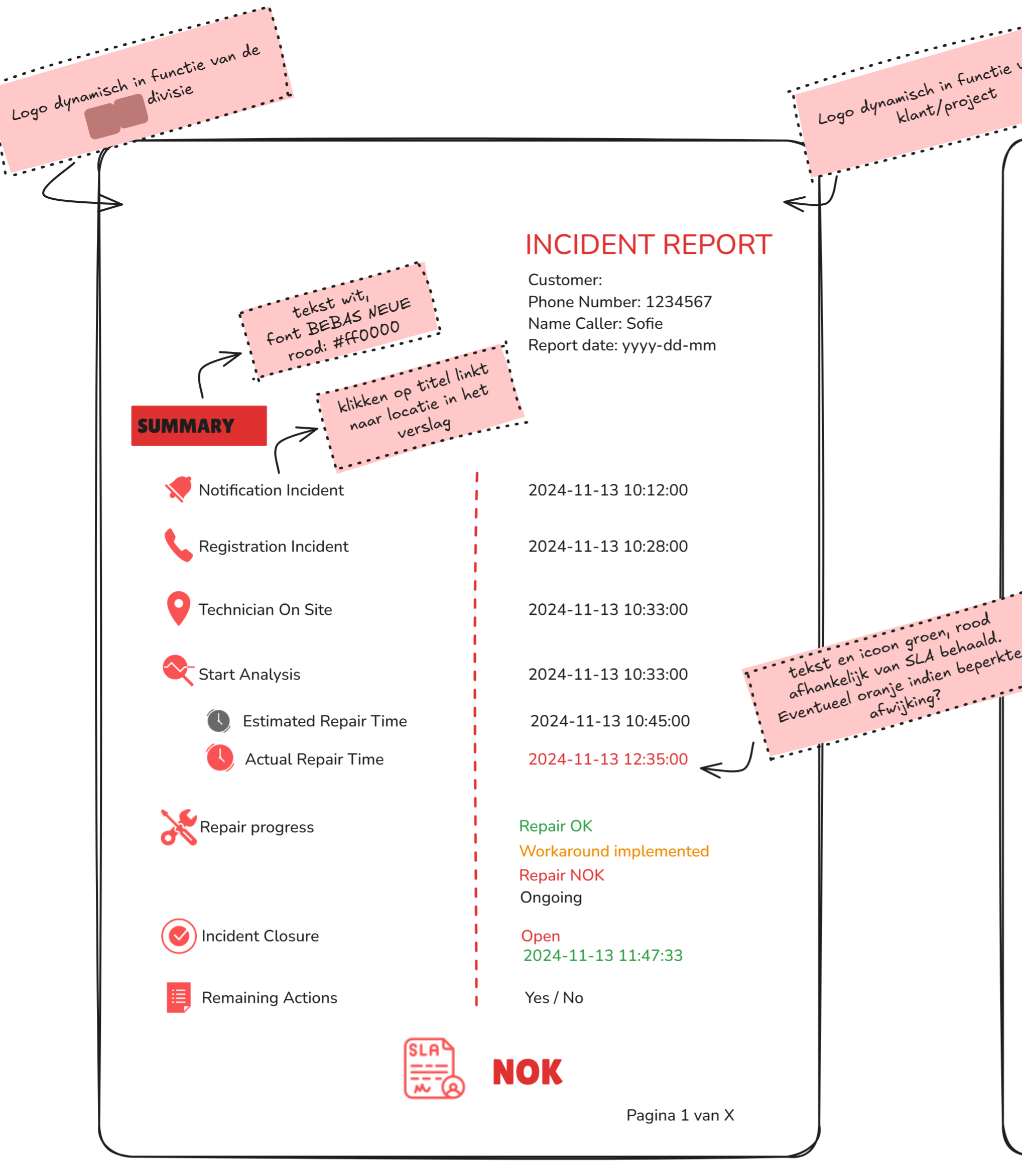 Example incident report layout with dynamic branding, timeline, and SLA indicators